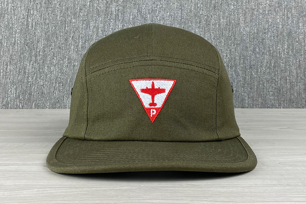 Platte 45 Olive 5 Panel Camper Hat With Snap Enclosure Embroidered Airplane Aircraft Triangle Main