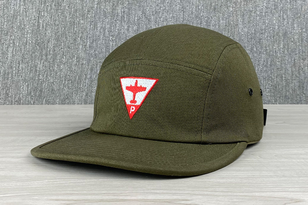 Platte 45 Olive 5 Panel Camper Hat With Snap Enclosure Embroidered Airplane Aircraft Triangle Main