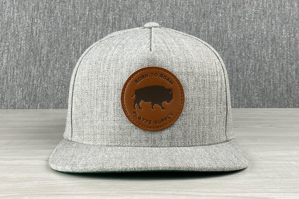 Platte Born To Roam 6 Panel Hat Heather Gray Bison Buffalo Patch Faux Leather Snapback Main