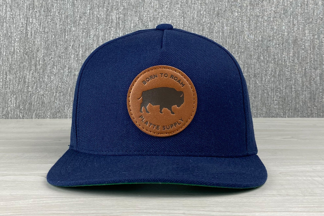 Platte Born To Roam 6 Panel Hat Navy Bison Buffalo Patch Faux Leather Snapback Front