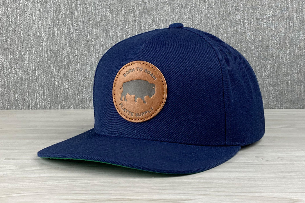Platte Born To Roam 6 Panel Hat Navy Bison Buffalo Patch Faux Leather Snapback Main