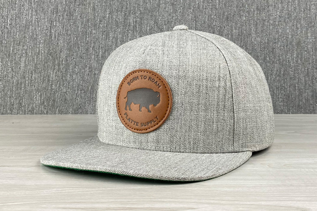 Platte Born To Roam 6 Panel Hat Heather Gray Bison Buffalo Patch Faux Leather Snapback Main