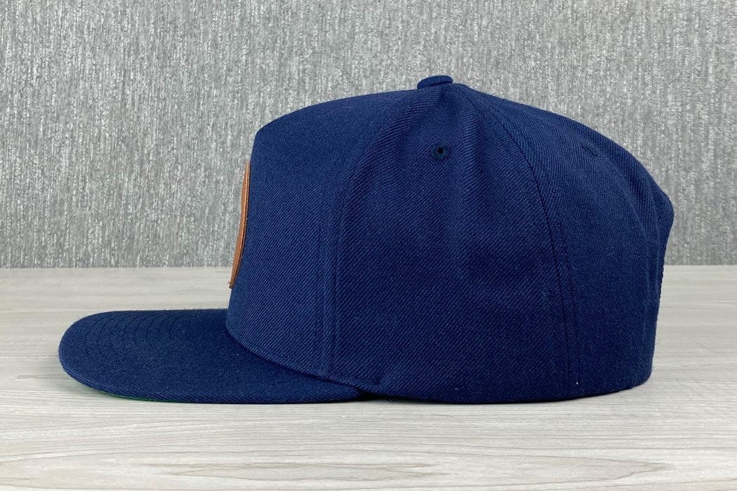 Platte Born To Roam 6 Panel Hat Navy Bison Buffalo Patch Faux Leather Snapback Side