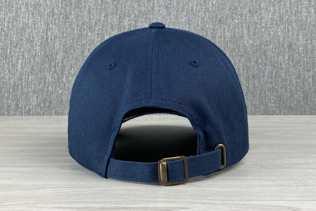 Platte Navy Legion Hat With White Embroidered Life With Palm Tree Adjustable With Metal And Fabric Strap Back