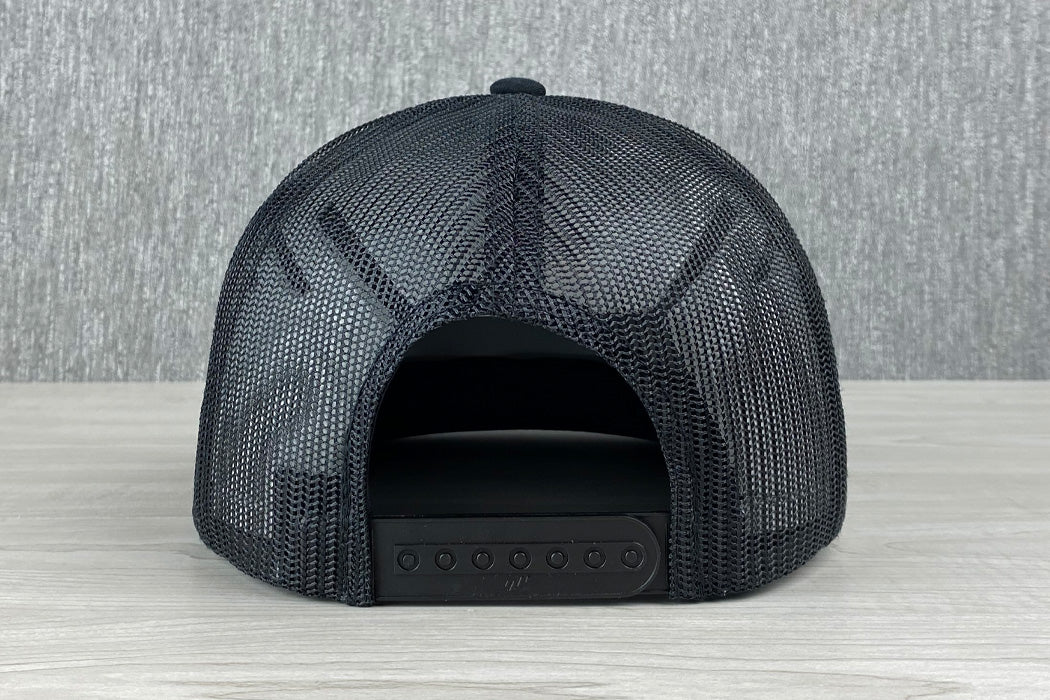 Platte Perry 5 Panel Trucker Hat Mid Profile Black Gold Snapback Back