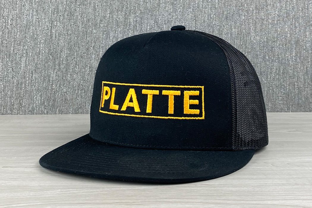 Platte Perry 5 Panel Trucker Hat Mid Profile Black Gold Snapback Main