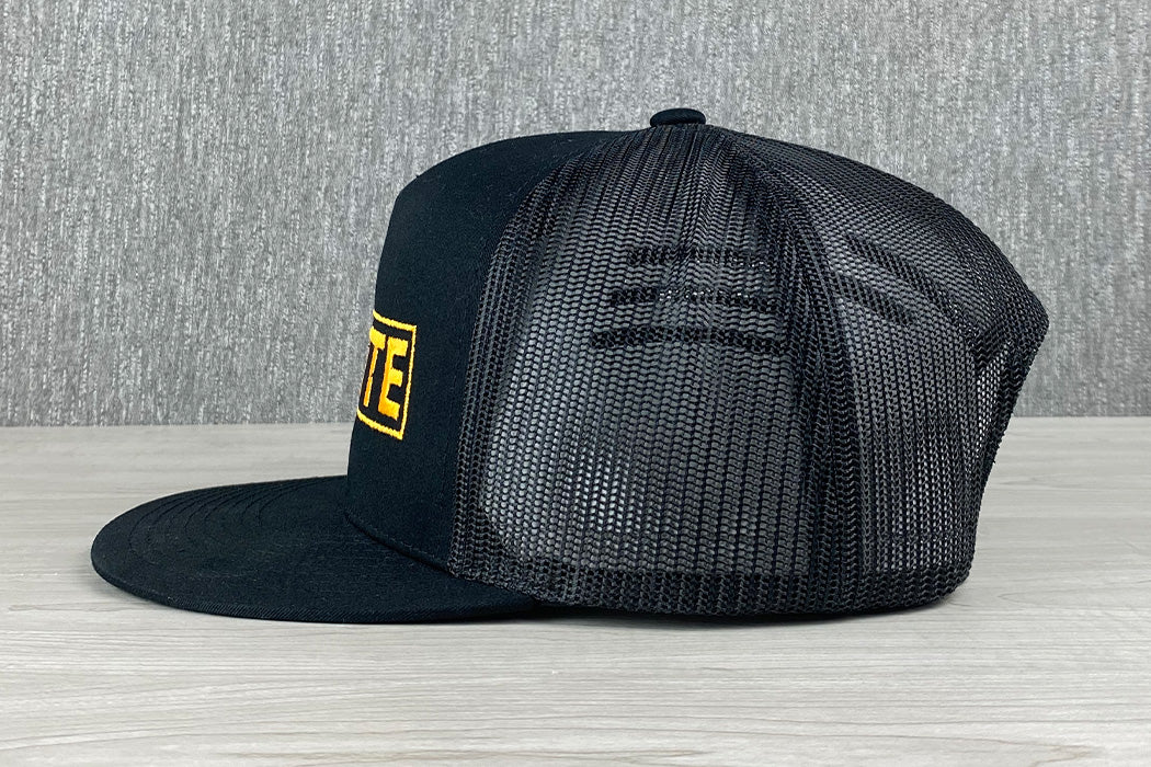 Platte Perry 5 Panel Trucker Hat Mid Profile Black Gold Snapback Side