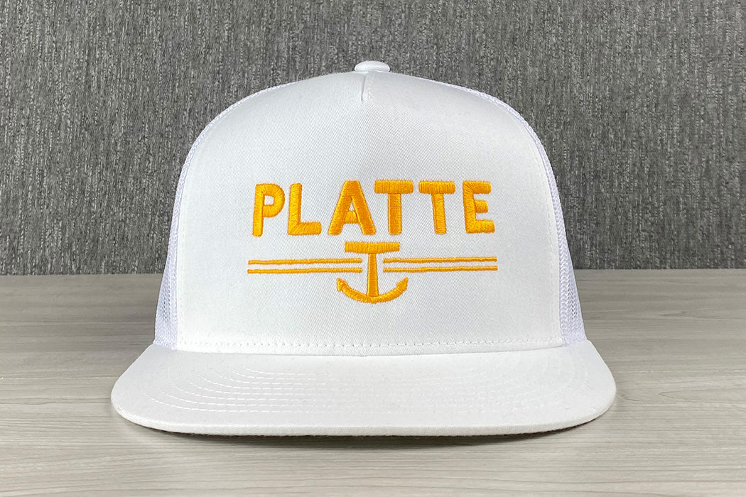 Platte Yacht Rock 5 Panel Trucker Hat Mid Profile White Gold Snapback Main