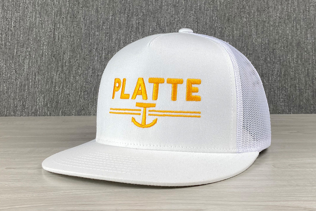 Platte Yacht Rock 5 Panel Trucker Hat Mid Profile White Gold Snapback Main