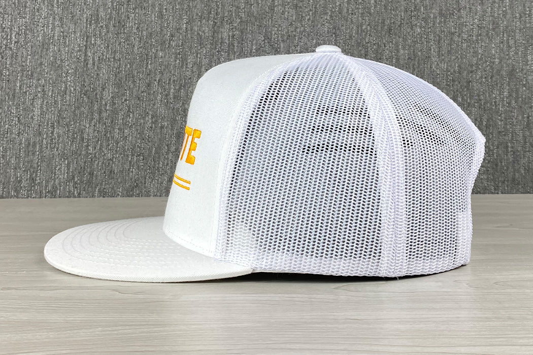 Platte Yacht Rock 5 Panel Trucker Hat Mid Profile White Gold Snapback Side